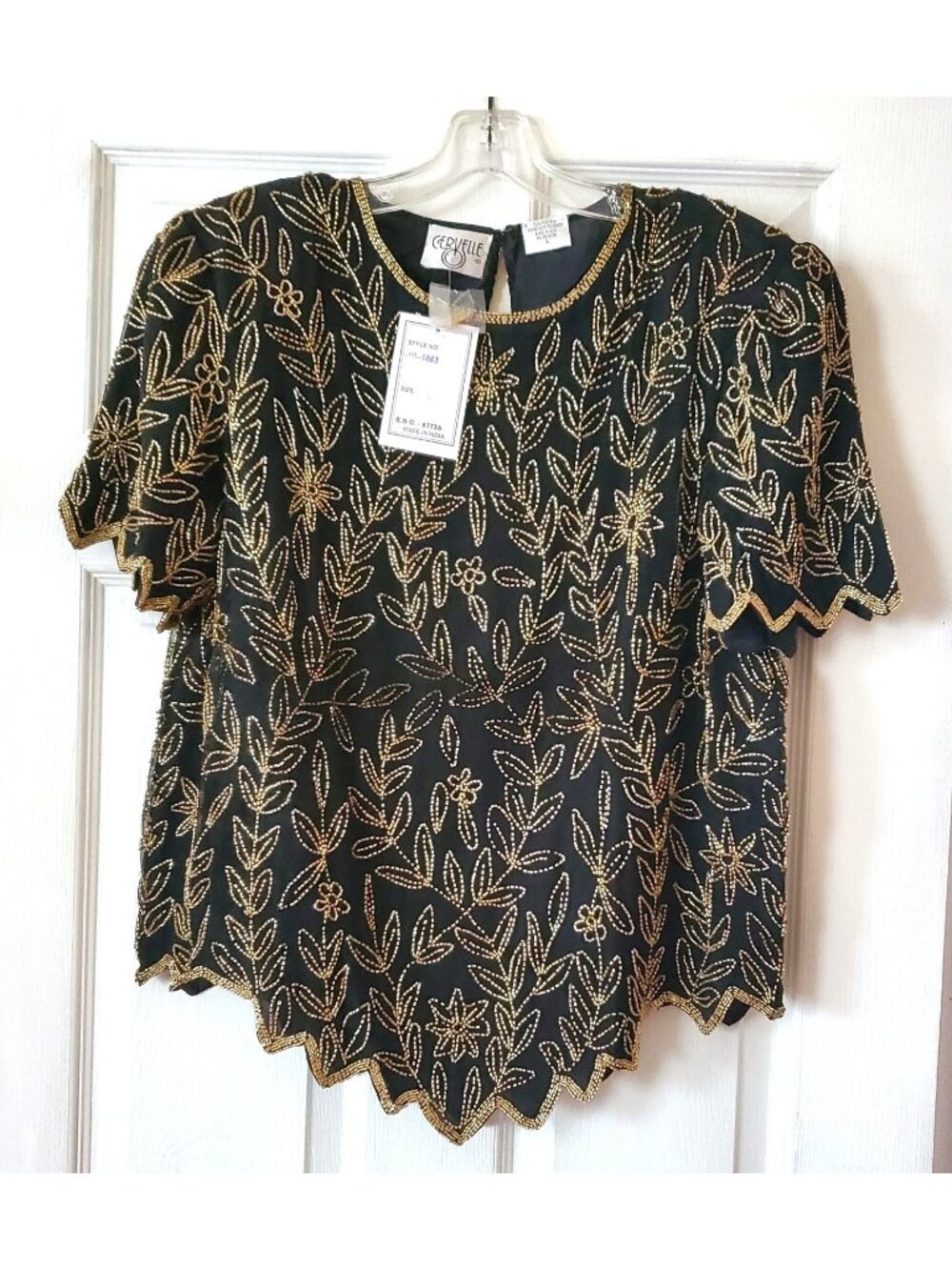 VINTAGE CERVELLE BLACK SILK EMBELLISHED BEADED TOP SIZE L MADE IN INDIA NWT